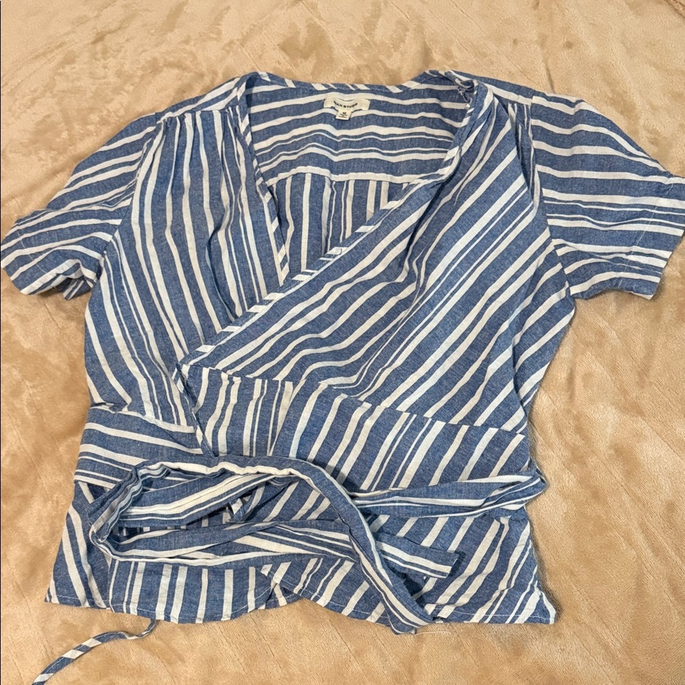 Max Studio Striped Wrap Blouse in Blue and White